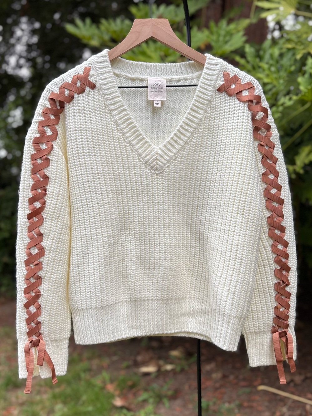 Cinq a Sept Selina Sweater Cream V-Neck Sweater with Brown Lace-Up Sleeve Detail